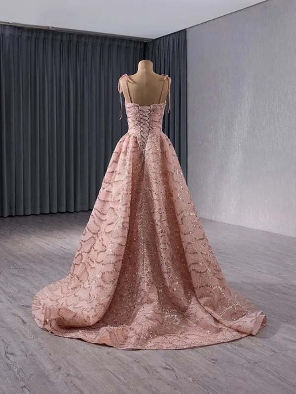 Haut de Gamme Rougissant Rose Fait main Perlage Paillettes Robe De Bal 2024 Princesse Bretelles Spaghetti Sans Manches Dos Nu Train De Balayage Promo Robe De Ceremonie