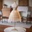 Charming Champagne Pearl Appliques Homecoming Graduation Dresses 2025 A-Line / Princess Strapless Sleeveless Backless Tea-length Formal Dresses