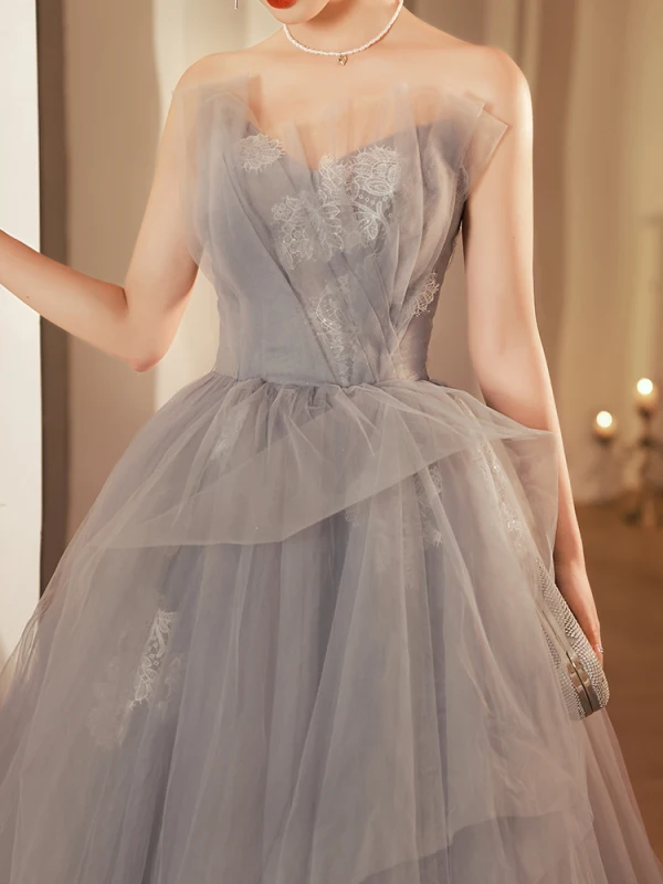 Charmant Argenté Gris Paillettes En Dentelle Fleur Robe De Soirée 2023 Princesse Bustier Sans Manches Dos Nu Volants en Cascade Longue Soirée Robe De Ceremonie