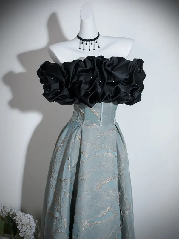 Chic / Beautiful Black Pearl Prom Dresses 2026 A-Line / Princess Ruffle Off-The-Shoulder Short Sleeve Floor-Length / Long Formal Dresses