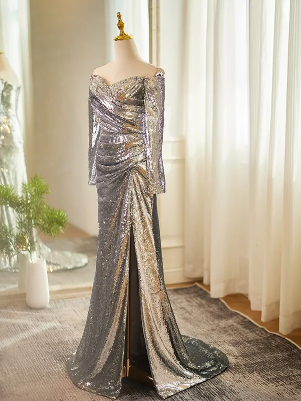 Glitzernden Silber Pailletten Gespaltete Front Ballkleider 2024 Meerjungfrau Off Shoulder Lange Ärmel Rückenfreies Sweep / Pinsel Zug Ball Festliche Kleider