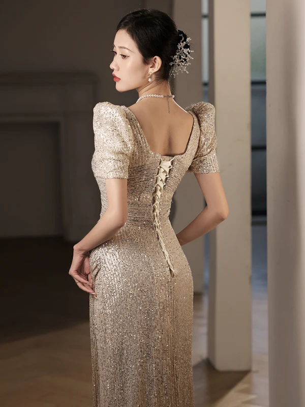 Scintillantes Doré Paillettes Robe De Soirée 2023 Trompette / Sirène Encolure Carrée Manches Courtes Dos Nu Longue Soirée Robe De Ceremonie