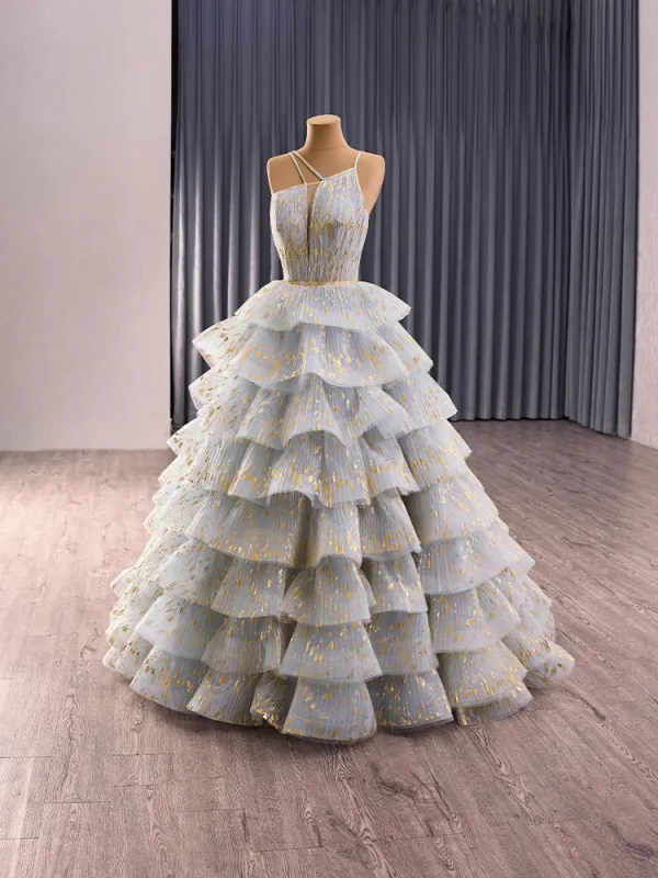 Fashion Grey Cascading Ruffles Glitter Prom Dresses 2025 Ball Gown Spaghetti Straps Sleeveless Floor-Length / Long Tulle Prom Formal Dresses