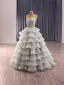 Fashion Grey Cascading Ruffles Glitter Prom Dresses 2025 Ball Gown Spaghetti Straps Sleeveless Floor-Length / Long Tulle Prom Formal Dresses