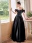 Audrey Hepburn Style Black Satin Prom Dresses 2025 A-Line / Princess Off-The-Shoulder Short Sleeve Backless Floor-Length / Long Prom Formal Dresses