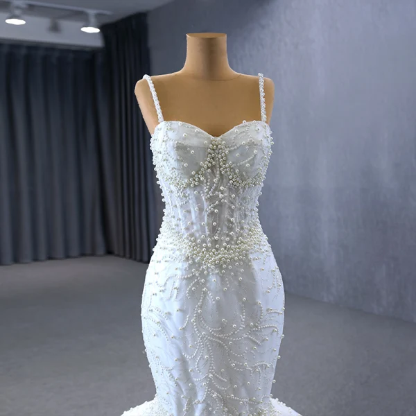 High-end White Handmade  Beading Pearl Wedding Dresses 2023 Ball Gown Spaghetti Straps Sleeveless Backless Floor-Length / Long Wedding