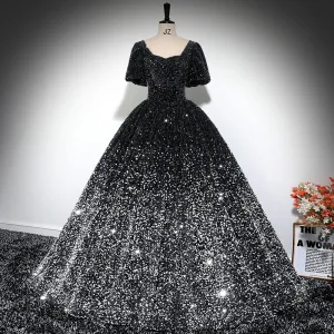 Sparkly Black Sequins Ball Gown Prom Dresses 2024 Square Neckline Short Sleeve Backless Floor Length Long Prom Formal Dresses