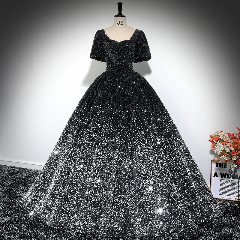 Sparkly Black Sequins Ball Gown Prom Dresses 2024 Square Neckline Short Sleeve Backless