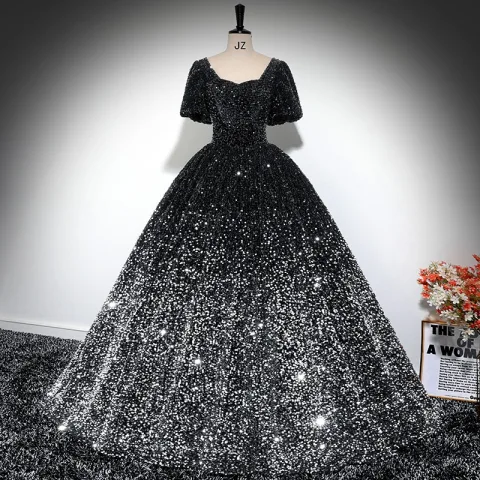 Glitzernden Schwarz Pailletten Ballkleid Ballkleider 2024 Eckiger Ausschnitt Kurze Ärmel Rückenfreies Lange Ball Festliche Kleider