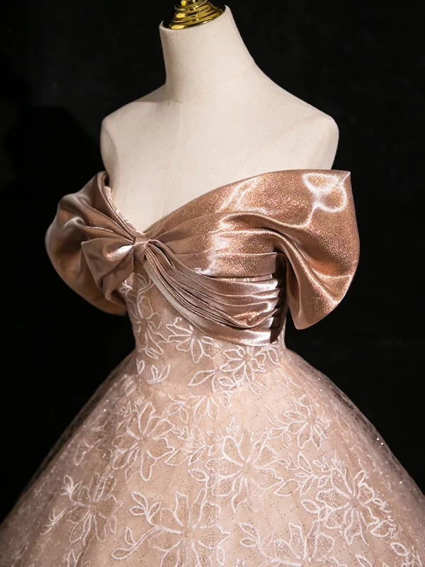 Charming Champagne Sequins Prom Dresses 2024 Ball Gown Off-The-Shoulder Short Sleeve Backless Floor-Length / Long Prom Formal Dresses