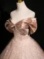 Charming Champagne Sequins Prom Dresses 2024 Ball Gown Off-The-Shoulder Short Sleeve Backless Floor-Length / Long Prom Formal Dresses