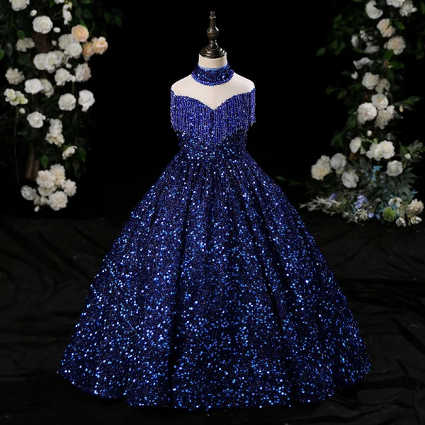 Sparkly Navy Blue Beading Tassel Sequins Birthday Flower Girl Dresses 2024 Ball Gown High Neck Sleeveless Floor-Length / Long