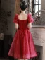 Chic / Beautiful Burgundy Homecoming Appliques Graduation Dresses 2024 A-Line / Princess Square Neckline Short Sleeve Backless Tea-length Formal Dresses
