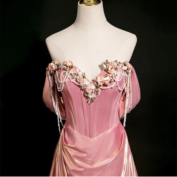 Schöne Rosa Perlenstickerei Applikationen Ballkleider 2025 A Linie Off Shoulder Ärmellos Rückenfreies Sweep / Pinsel Zug Ball Festliche Kleider