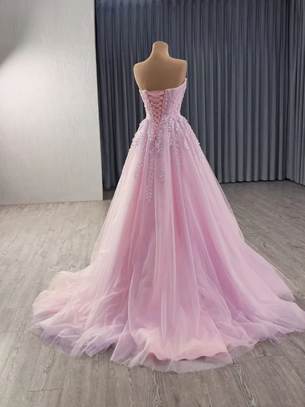 High-end Blushing Pink Appliques Beading Pearl Prom Dresses 2025 A-Line / Princess Strapless Sleeveless Backless Sweep Train Prom Formal Dresses