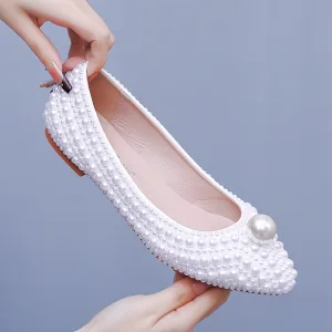 Chic Belle Blanche Perle Plate Chaussure De Mariée 2025 À Bout Pointu Mariage Talons