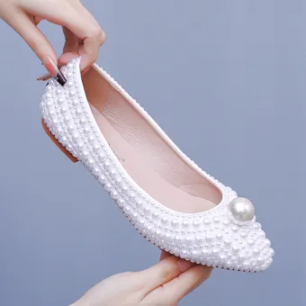 Chic Beautiful White Pearl Flat Wedding Shoes 2025 Pointed Toe Wedding Heels