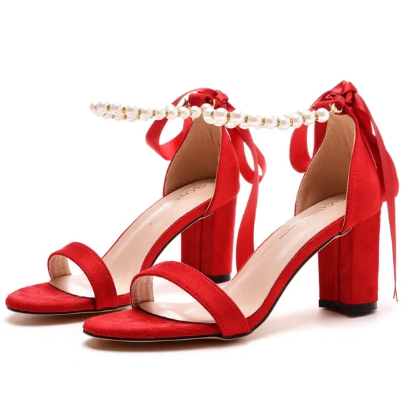 Sexy Beige Perle Knöchelriemen Schleife Sandalen Damen 2023 7 cm Thick Heels Peeptoes Ball Sandaletten Hochhackige