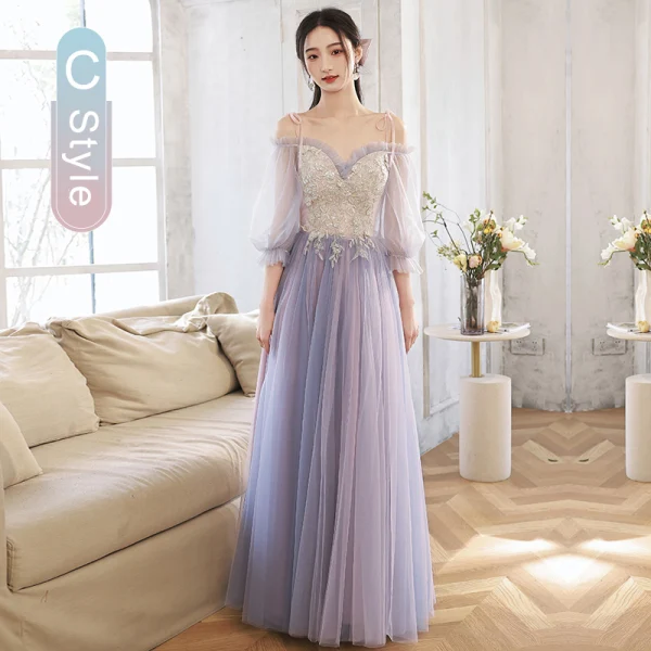 Elegant Purple Lace Flower Bridesmaid Dresses 2022 A-Line / Princess Beading Pearl Sequins Short Sleeve Backless Floor-Length / Long Bridesmaid Wedding Party Dresses