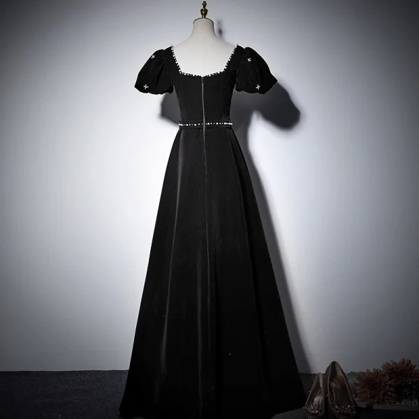 Elegant Black Prom Dresses 2022 A-Line / Princess Square Neckline Pearl Bow Sash Short Sleeve Backless Floor-Length / Long Formal Dresses