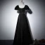 Elegant Black Prom Dresses 2022 A-Line / Princess Square Neckline Pearl Bow Sash Short Sleeve Backless Floor-Length / Long Formal Dresses