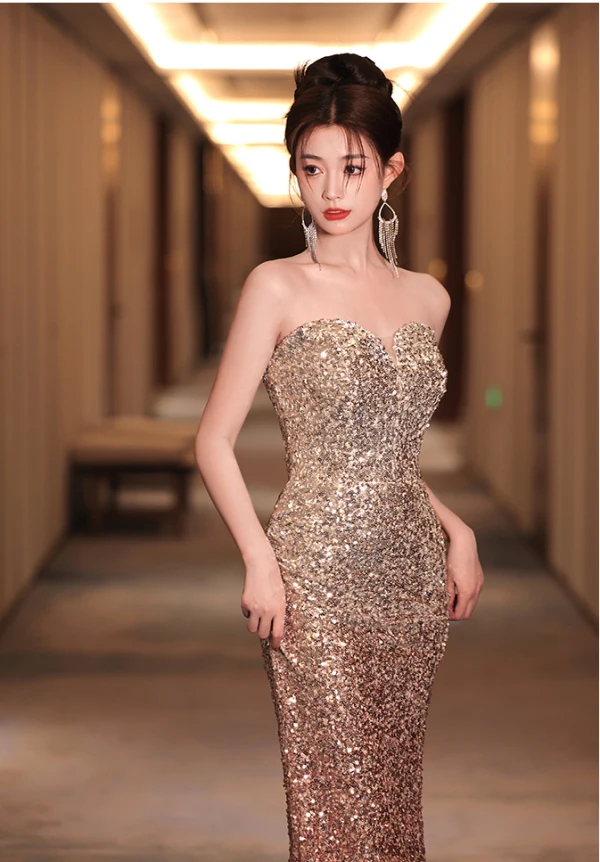 Sparkly Sexy Gold Sequins Evening Dresses  2024 Trumpet / Mermaid Strapless Sleeveless Backless Floor-Length / Long Evening Party Formal Dresses