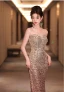 Sparkly Sexy Gold Sequins Evening Dresses  2024 Trumpet / Mermaid Strapless Sleeveless Backless Floor-Length / Long Evening Party Formal Dresses