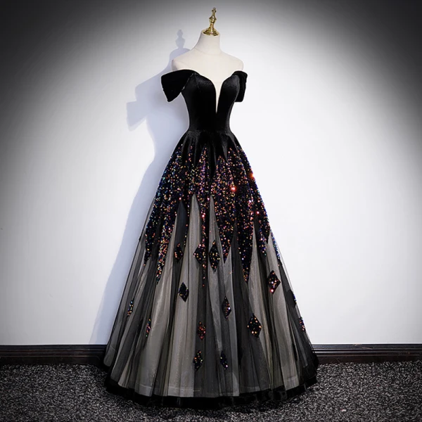 Sexy Black Sequins Evening Dresses 2023 A-Line / Princess Off-The-Shoulder Short Sleeve Backless Floor-Length / Long Evening Party Formal Dresses