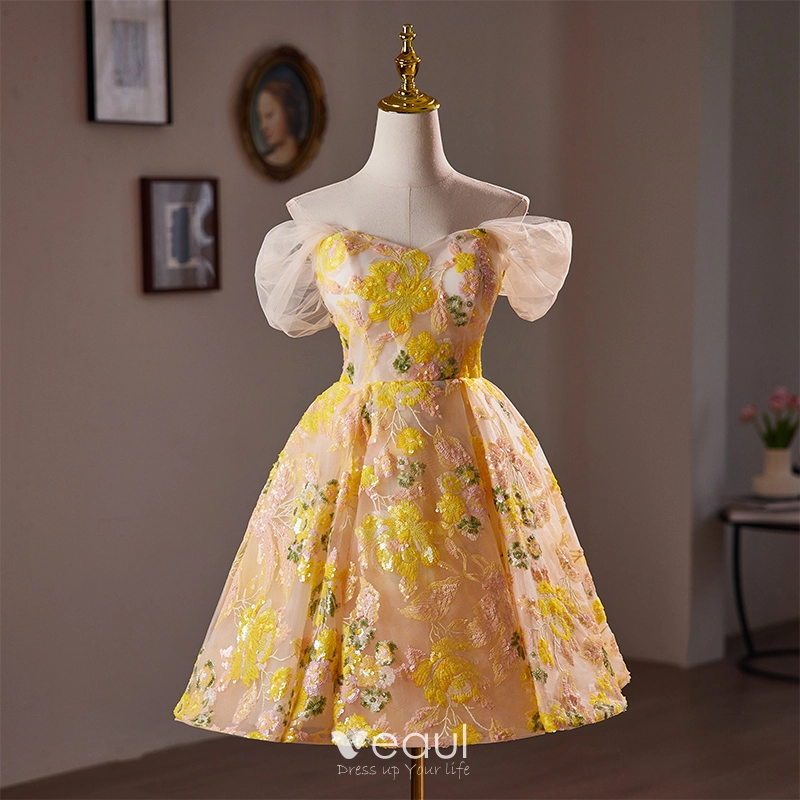 Vintage Retro Gold Beading Sequins Lace Flower Homecoming Short Graduation Dresses 2024 Off The Shoulder Short Sleeve Backless Formal Dresses