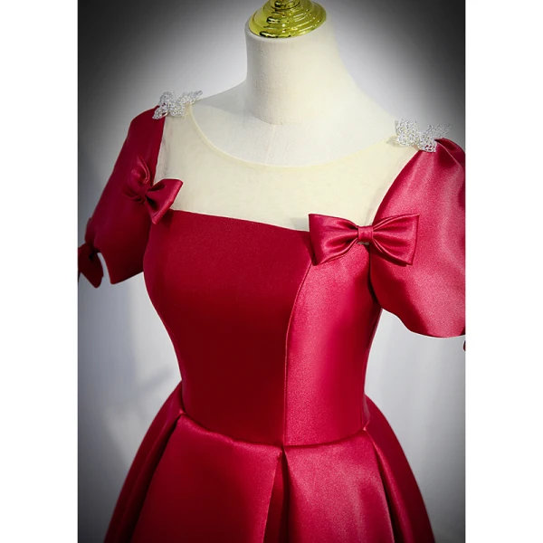 Elegant Burgundy Satin Prom Dresses 2022 A-Line / Princess Scoop Neck Short Sleeve Backless Bow Floor-Length / Long Formal Dresses