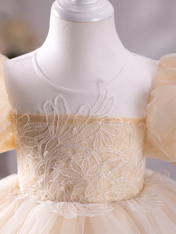 Chic / Beautiful Champagne Lace Flower Birthday Flower Girl Dresses 2024 Ball Gown Scoop Neck Puffy Short Sleeve Floor-Length / Long