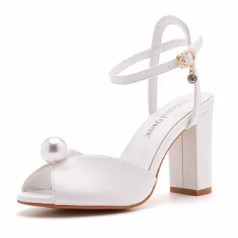 Élégant Blanche Perle Chaussure De Mariée 2024 Bride Cheville 9 Cm Talons Épais Peep Toes Bout Ouvert Mariage Sandales Talons Hauts