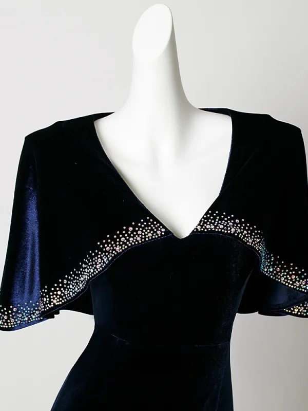 Vintage / Retro Navy Blue Sequins Velvet Prom Dresses Trumpet / Mermaid 2026 V-Neck Short Sleeve Floor-Length / Long Formal Dresses