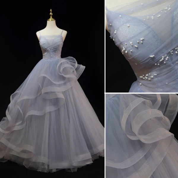 Charming Grey Cascading Ruffles Pearl Prom Dresses 2023 Ball Gown Spaghetti Straps Sleeveless Backless Floor-Length / Long Prom Formal Dresses