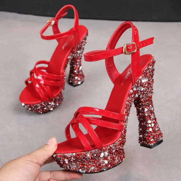 Glitzernden Schwarz Sexy Abend Strass Sandalen Damen 2023 Knöchelriemen 14 cm Thick Heels Peeptoes Sandaletten Hochhackige