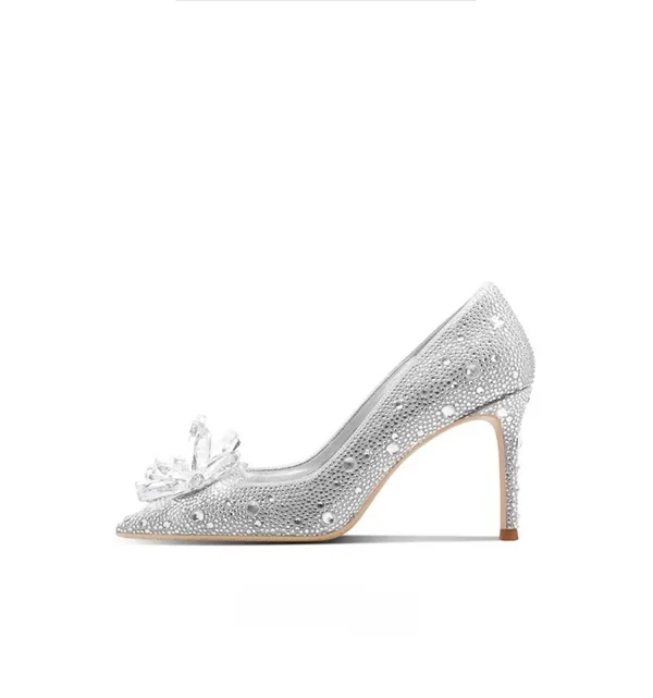 Charmant Argenté Cristal Chaussure De Mariée 2026 6 cm Talons Aiguilles Faux Diamant À Bout Pointu Mariage Escarpins