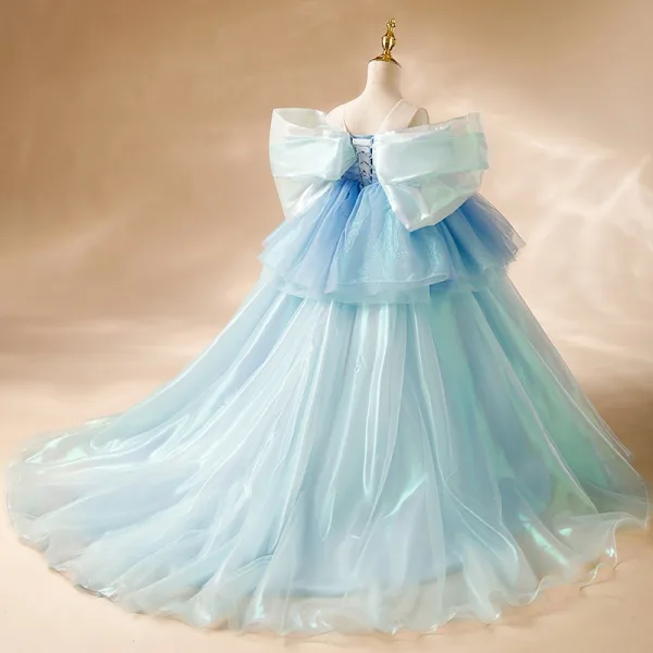 Elegant Sky Blue Beading Pearl Sequins Birthday Flower Girl Dresses 2024 Ball Gown Scoop Neck Puffy Short Sleeve Backless Sweep Train Tulle