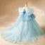 Classy Sky Blue Beading Pearl Sequins Cascading Ruffles Birthday Flower Girl Dresses 2024 Ball Gown Off-The-Shoulder Puffy Short Sleeve Backless Sweep Train Flower Girl Dresses