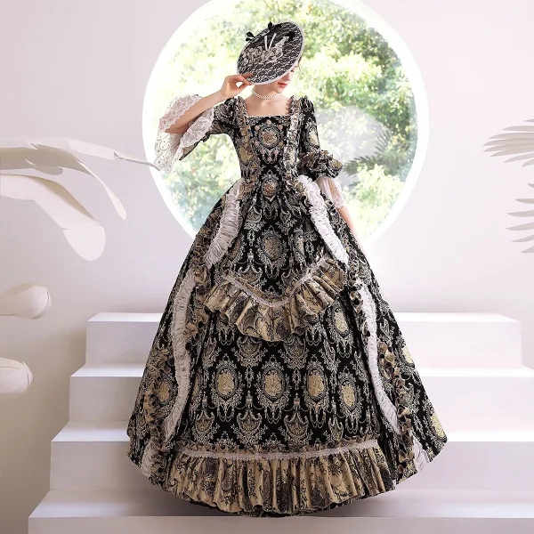 Medieval Vintage / Retro Gothic Black Printing Prom Dresses 2022 Ball Gown Square Neckline Bell sleeves Backless Floor-Length / Long Formal Dresses