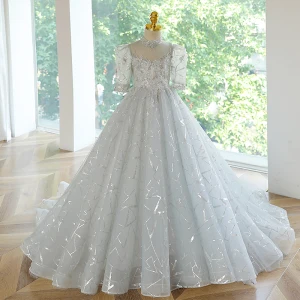 Fashion Grey Sequins Lace Flower Birthday Flower Girl Dresses 2023 Ball Gown High Neck Short Sleeve Floor Length Long Flower Girl Dresses