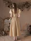 Modest / Simple Champagne Gold Satin Prom Dresses 2022 A-Line / Princess Square Neckline Pearl Puffy Short Sleeve Backless Floor-Length / Long Formal Dresses