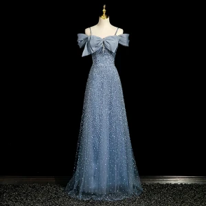 Bling Bling Océan Bleu Perlage Faux Diamant Robe De Soirée 2023 Princesse Bretelles Spaghetti Noeud Manches Courtes Dos Nu Longue Soirée Robe De Ceremonie