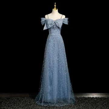 Bling Bling Ocean Blue Beading Rhinestone Evening Dresses 2023 A Line Princess Spaghetti Straps Bow Short Sleeve Backless Floor Length Long Evening Party Formal Dresses