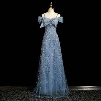 Bling Bling Océano Azul Rebordear Rhinestone Vestidos De Noche 2023 A Line Princess Spaghetti Straps Bowknot Manga Corta Sin Espalda Largos Noche Vestidos Formales