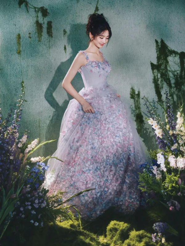 Flower Fairy Multi-Colors Appliques Prom Dresses 2026 A-Line / Princess Spaghetti Straps Sleeveless Backless Floor-Length / Long Prom Formal Dresses
