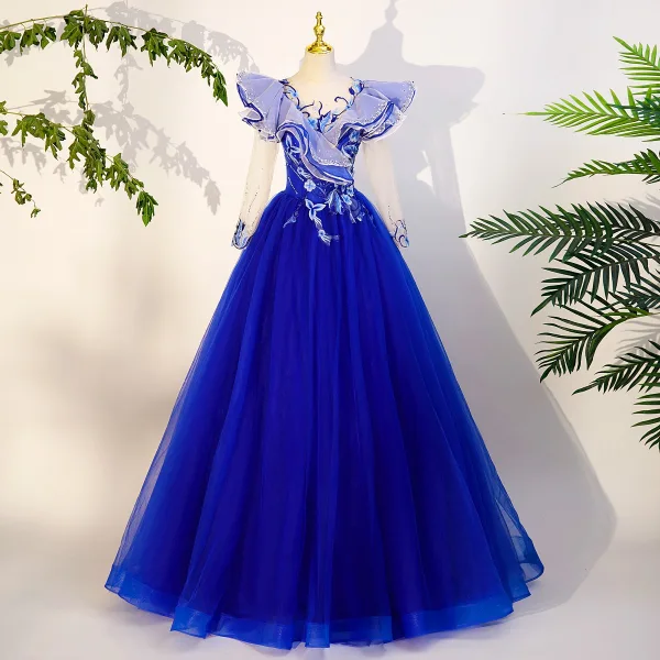 Vintage / Retro Royal Blue Sequins Lace Flower Prom Dresses 2023 V-Neck 1/2 Sleeves Backless Floor-Length / Long Prom Formal Dresses