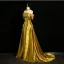 Unique Gold Spitze Blumen Satin Ballkleider 2024 A Linie Off Shoulder Kurze Ärmel Rückenfreies Sweep / Pinsel Zug Ball Festliche Kleider