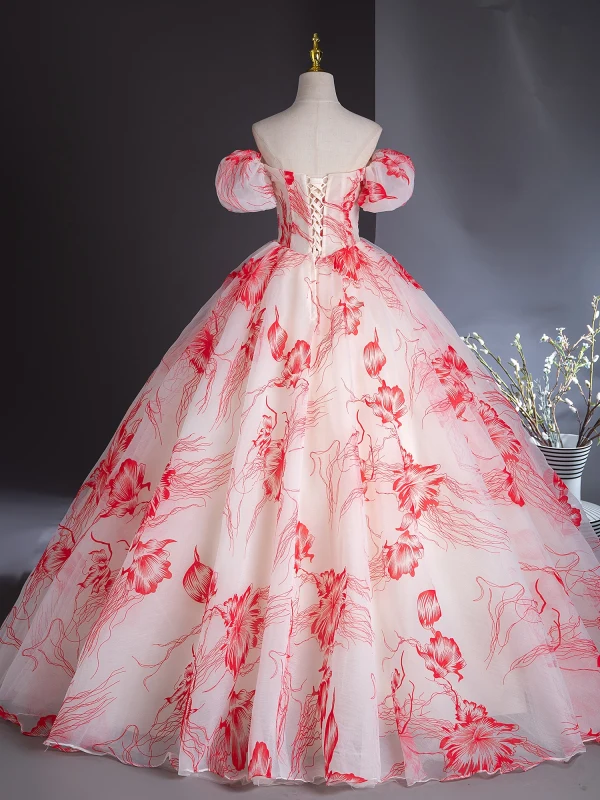 Elegant White Printing Prom Dresses 2024 Ball Gown Off-The-Shoulder Puffy Short Sleeve Backless Floor-Length / Long Prom Formal Dresses