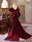Chic / Belle Bordeaux Satin Robe De Bal 2024 Princesse Encolure Carrée Manches Courtes Dos Nu Noeud Train De Balayage Promo Robe De Ceremonie