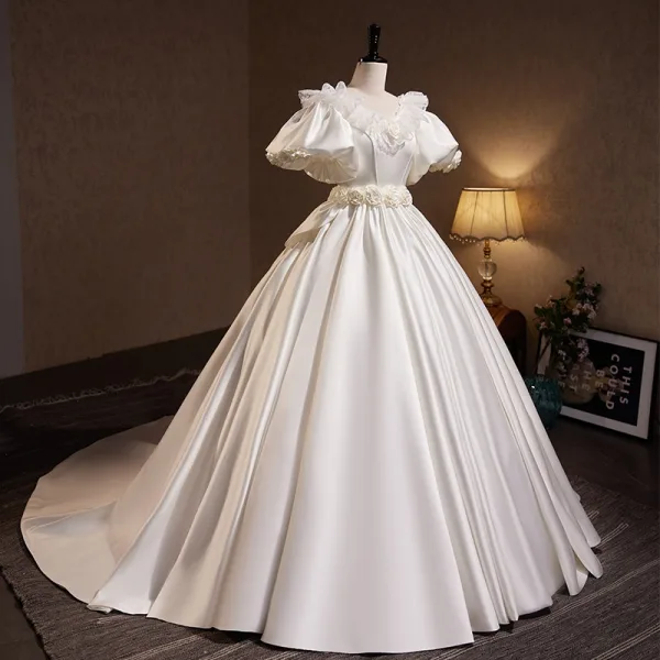 Vintage / Retro Ivory Satin Appliques Wedding Dresses 2025 Ball Gown V-Neck Puffy Short Sleeve Backless Court Train